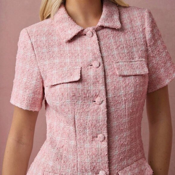 Pink Elegant Romantic Women's Tweed Short Sleeve Mini Dress - Picture 3 of 7